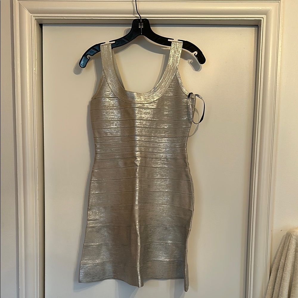 Herve Leger Silver Bodycon Mini Dress size M brand new